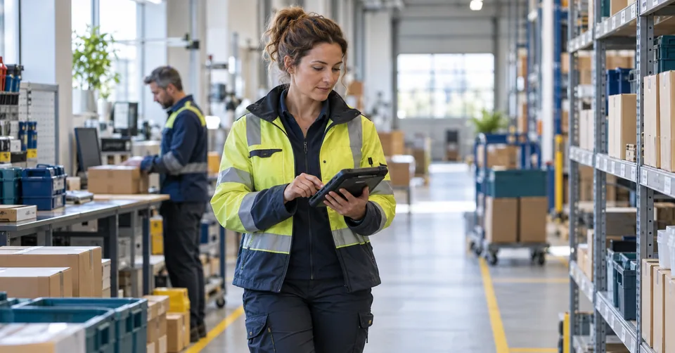 Symbolische Arbeitsszene mit Logistik, Verkauf und technischen Tätigkeiten in Österreich.