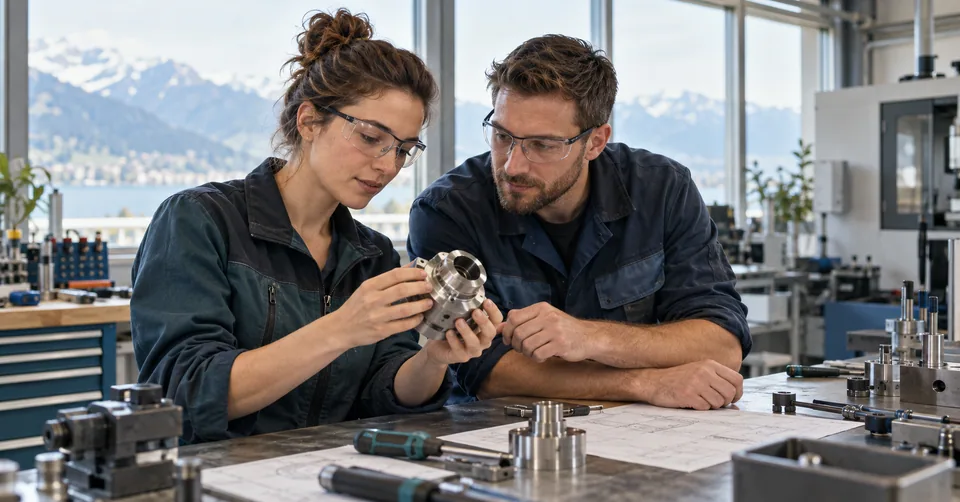 Fachkräfte arbeiten in einer hellen Werkstatt an technischer Ausrüstung.